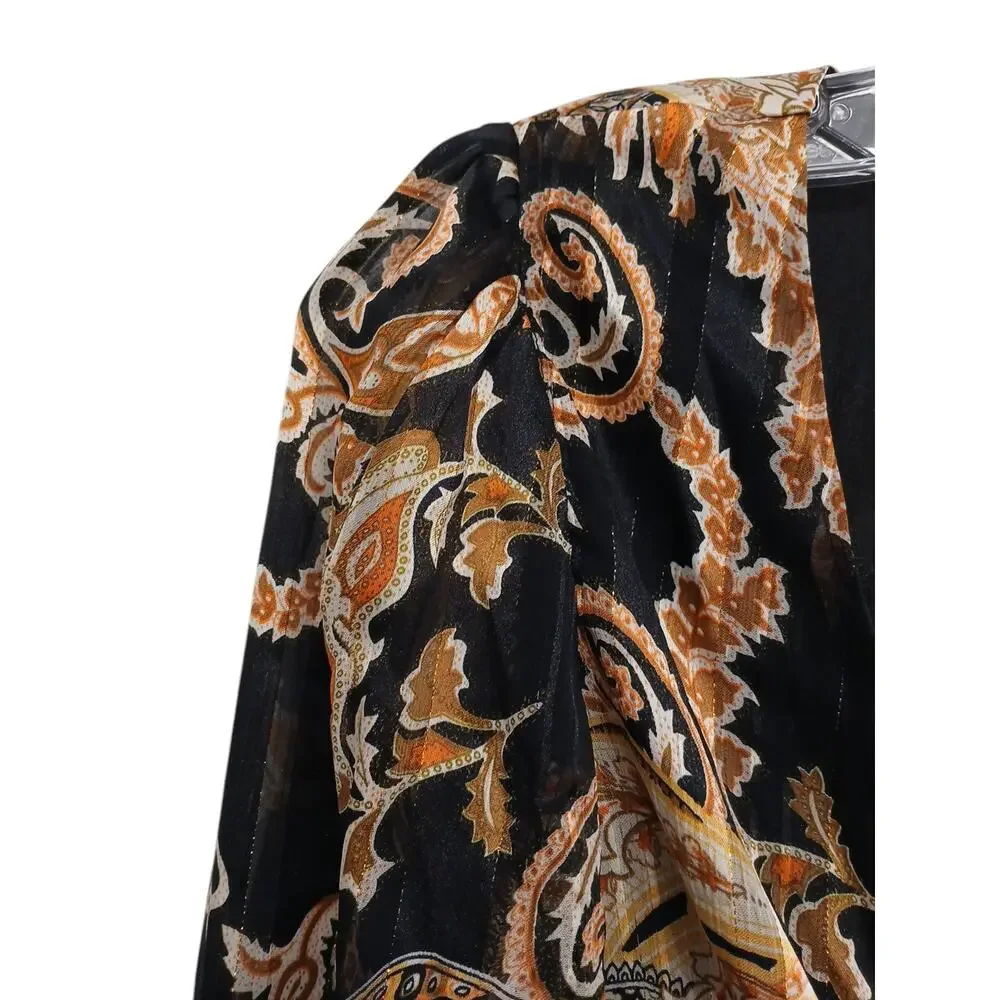 NEW Fashion Nova Blouse S Black Gold Equestrian‎ Paisely Babydoll Puff Sleeve